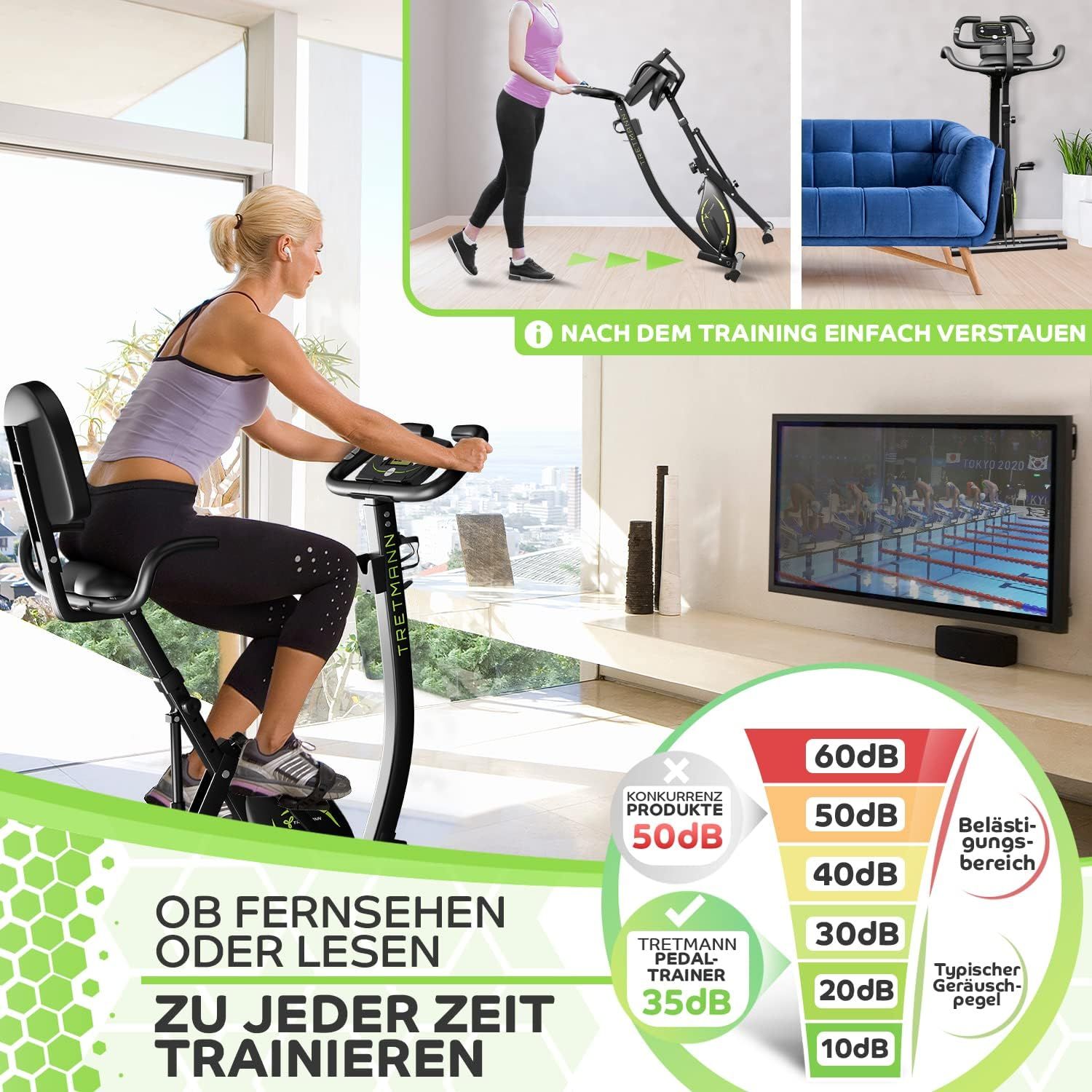 Frau trainiert auf einem Heimtrainer. Text: "Tretmann", "Zu jeder Zeit trainieren". Diagramm mit dB-Werten.