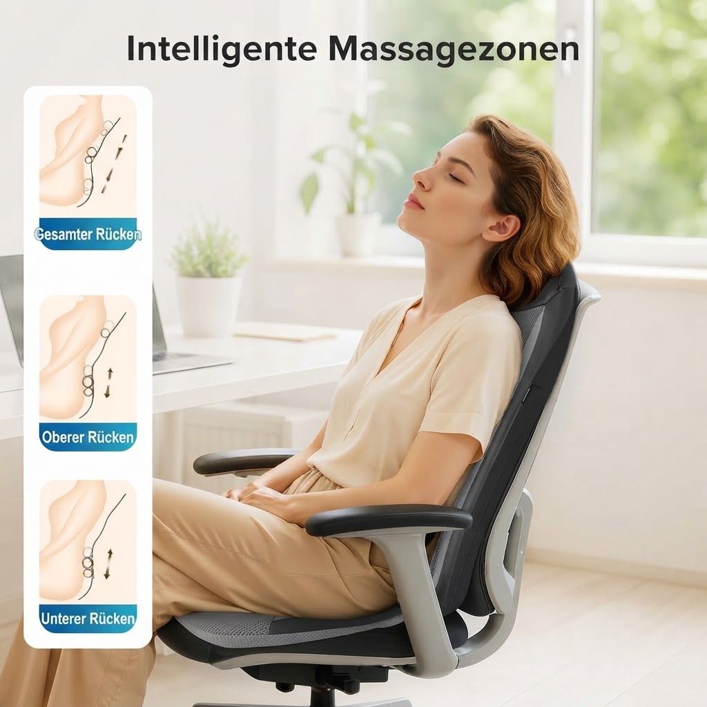 Frau entspannt sich auf einem Bürostuhl, während ein Massagegerät für den Rücken verwendet wird, mit Markierungen für Massagezonen.