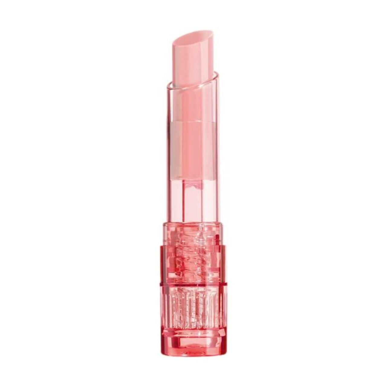 Lippenbalsam in rosa Hülse. Transparenter Stift mit abgeschrägter Spitze. Unterteil mit geriffelter Struktur.