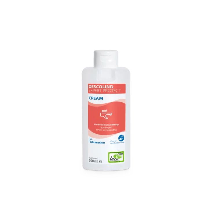 Weiße Flasche mit rotem Etikett. Text: DESCOLIND EXPERT PROTECT CREAM. 500ml. Logo: Dr. Schumacher. Mit Zertifizierungen.