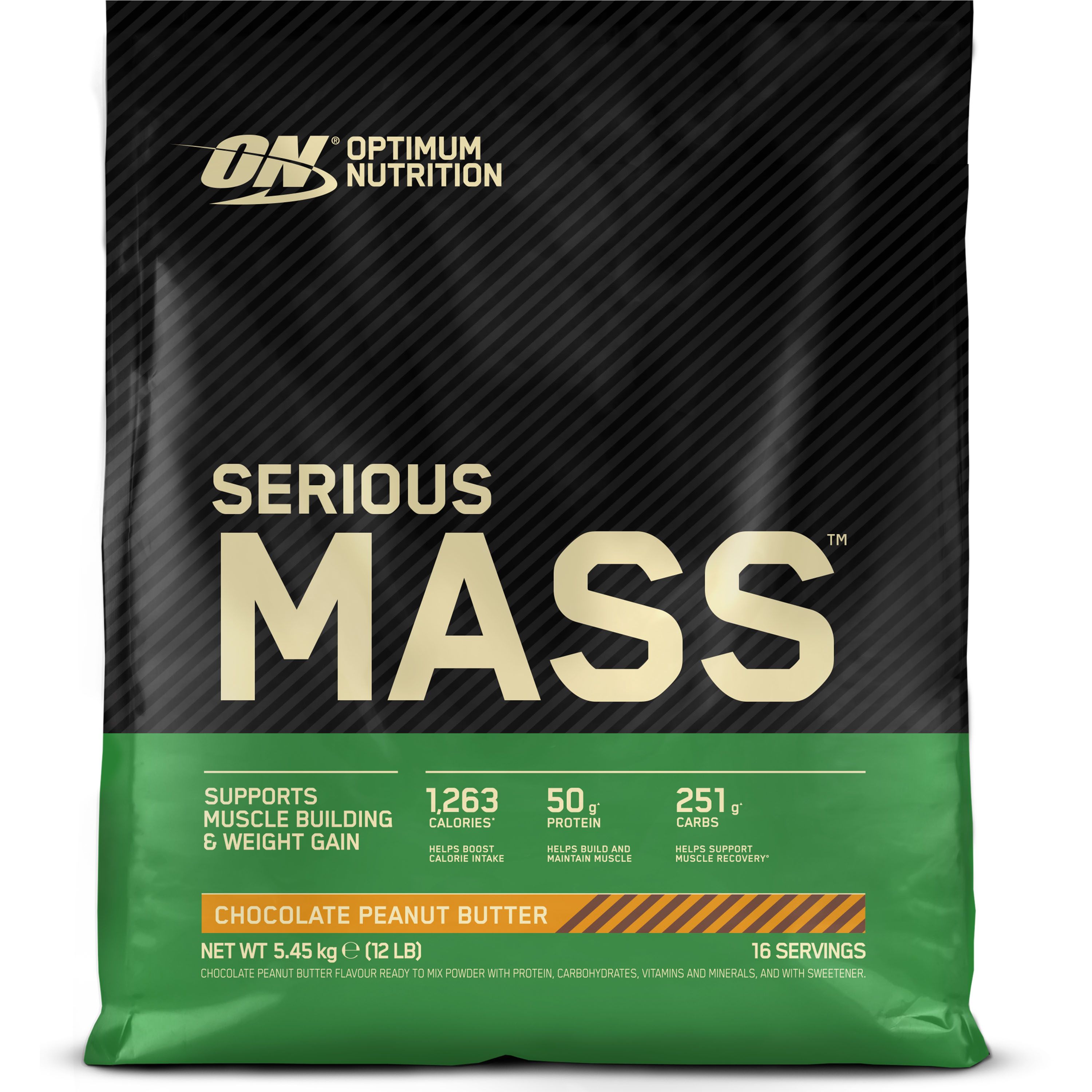 Beutel "Serious Mass" von Optimum Nutrition. Enthält 16 Portionen. Geschmack: Chocolate Peanut Butter. Netto 5.45 kg (12 lb).