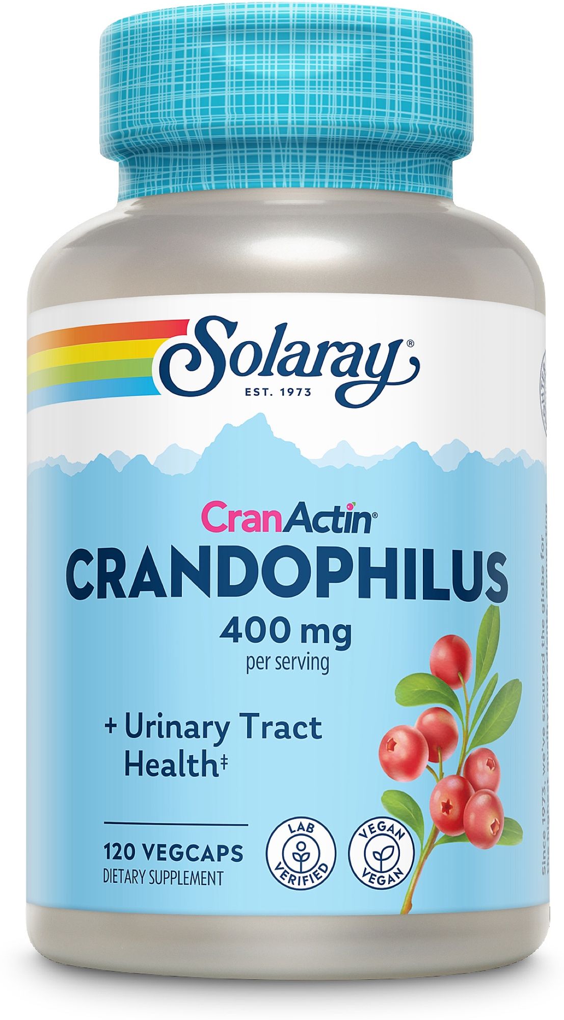 Solaray CranDophilus Flasche mit 120 Vegicaps, 400 mg pro Portion, für Blasengesundheit.