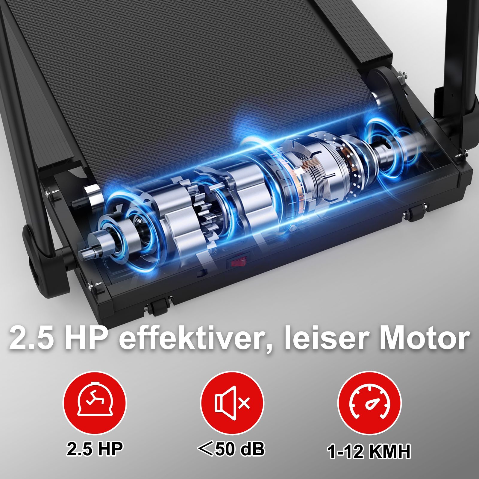 Detailansicht des Motors eines Laufbandes. Text: 2.5 HP, <50 dB, 1-12 KMH.