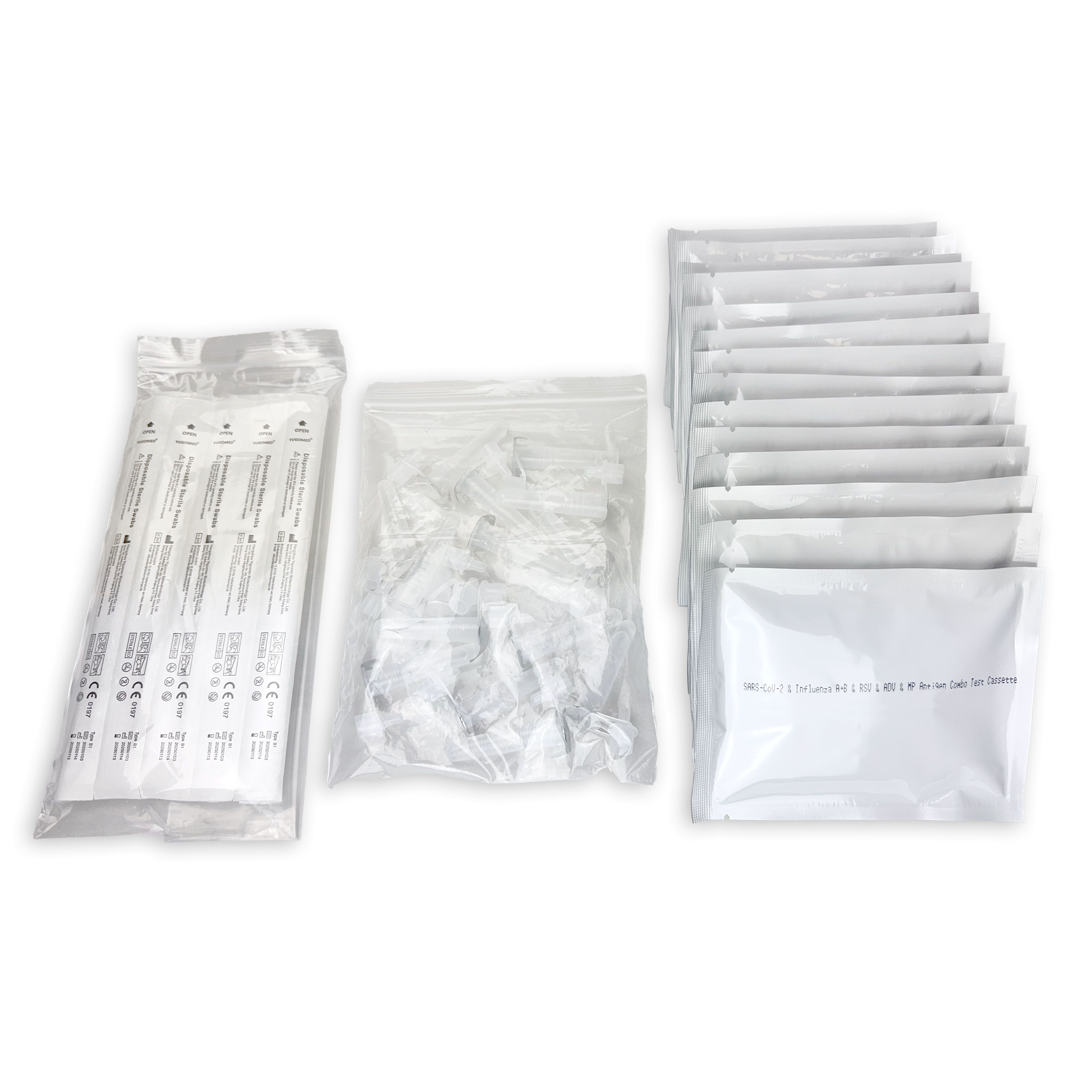 Verschiedene Komponenten des Deepblue 6in1 Tests. Einzeln verpackte Testkassetten, Abstrichtupfer und Extraktionsröhrchen.