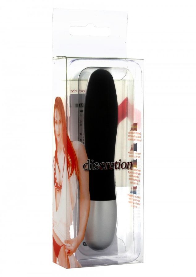 Vibrator in transparenter Verpackung. Schwarzer Schaft, silberfarbene Spitze. Produktname "discretion" sichtbar.