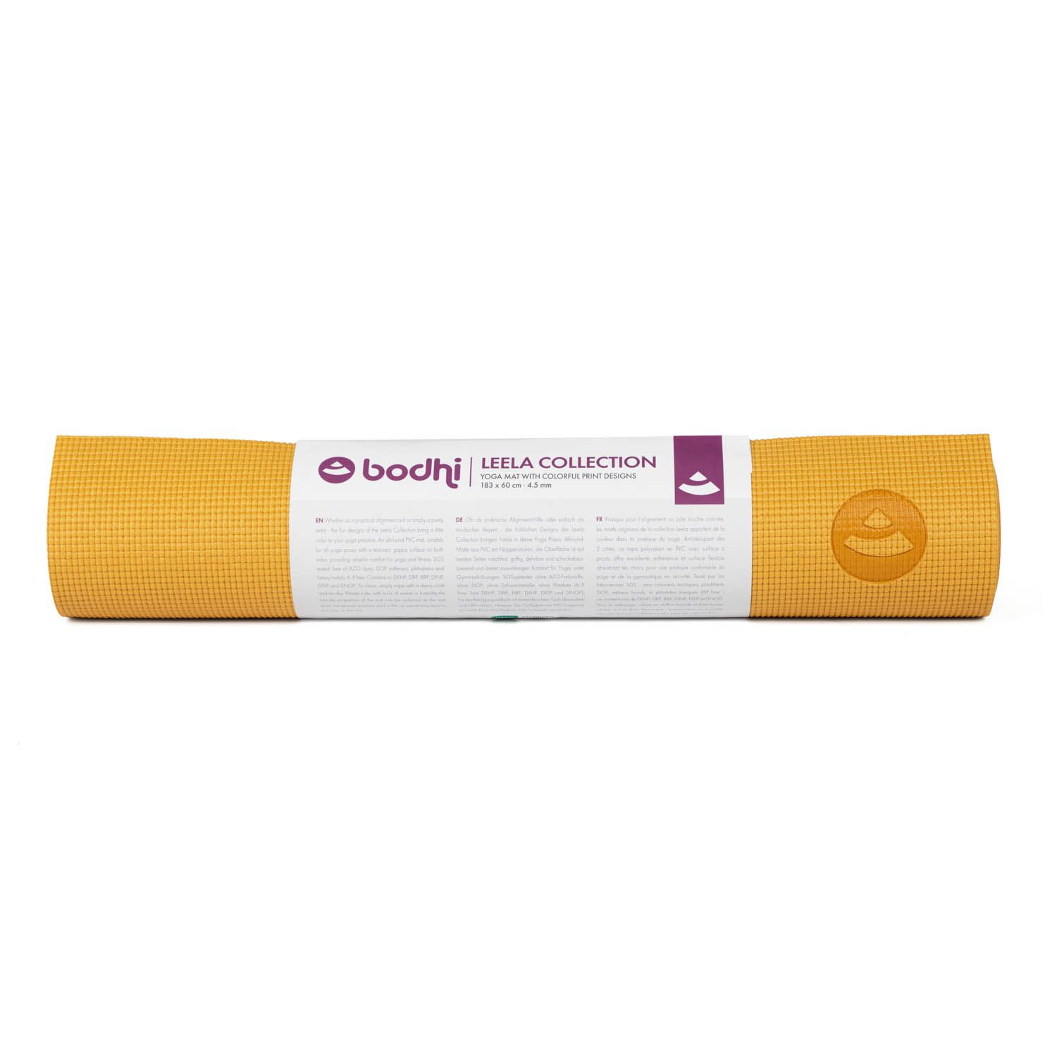 Gerollte Yogamatte mit Verpackung. Gelb, mit weißem Papierband. Text und Logo sichtbar.
