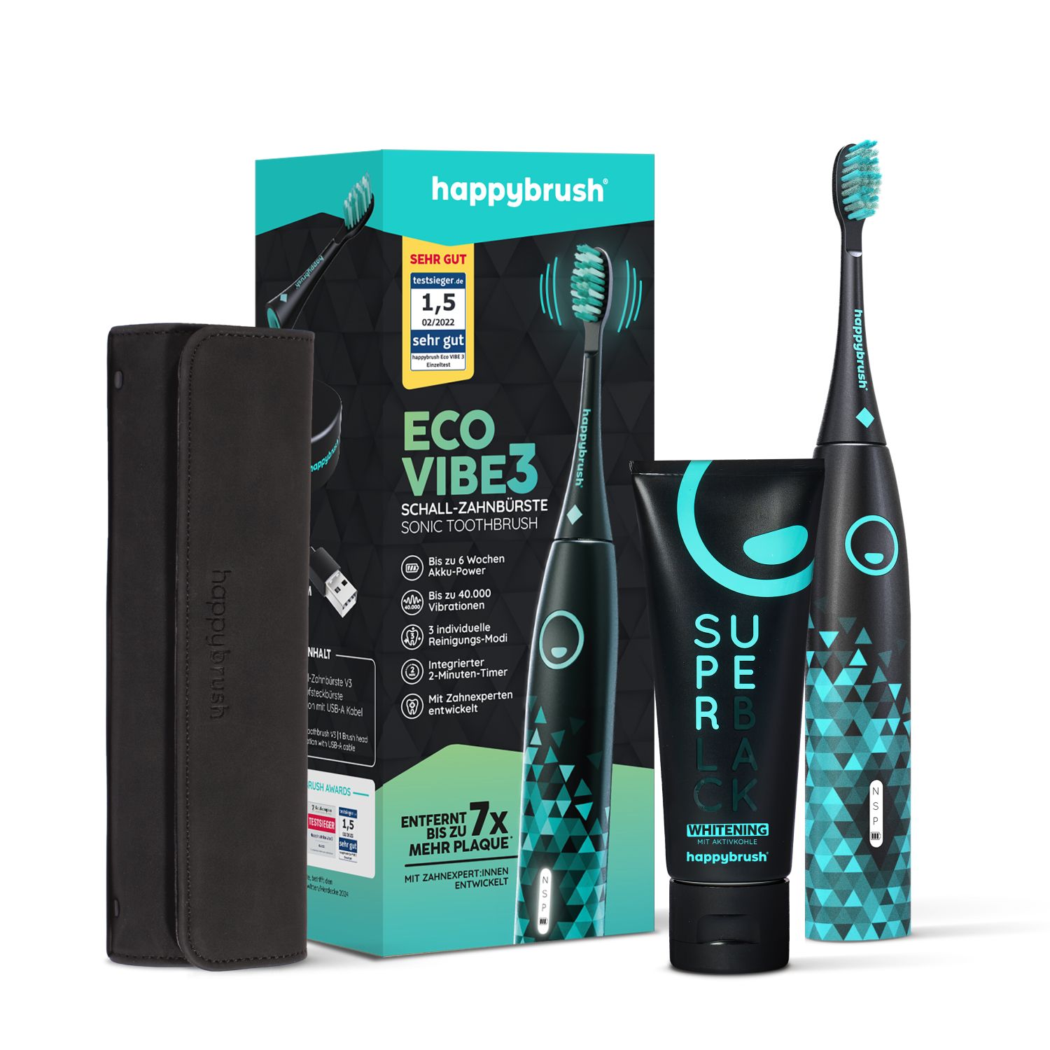 Set: Schallzahnbürste, Reiseetui, USB-Kabel und Whitening-Zahnpasta.