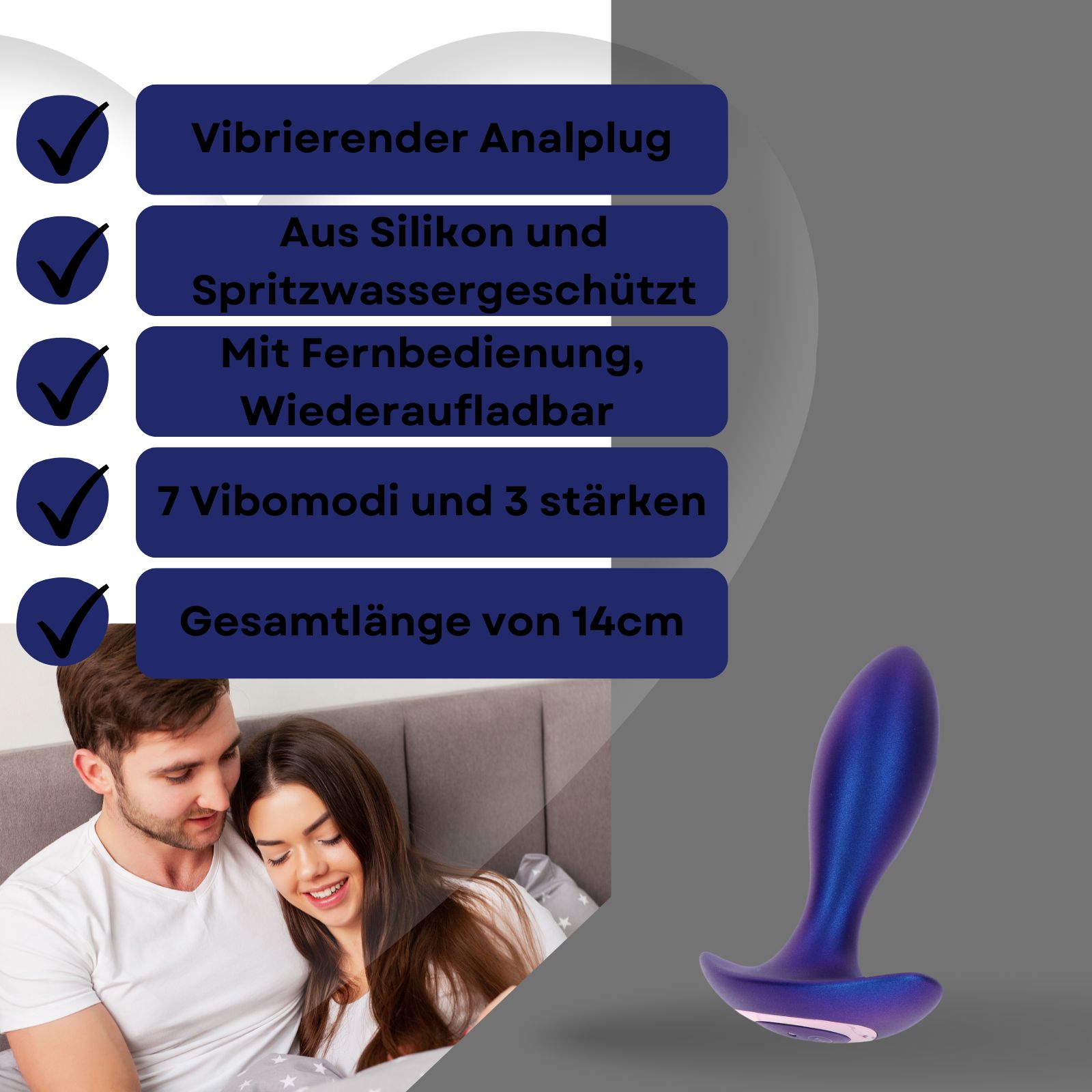 Blauer Analplug aus Silikon, wasserdicht, mit Fernbedienung, wiederaufladbar. 7 Modi, 3 Stärken, 14cm lang.