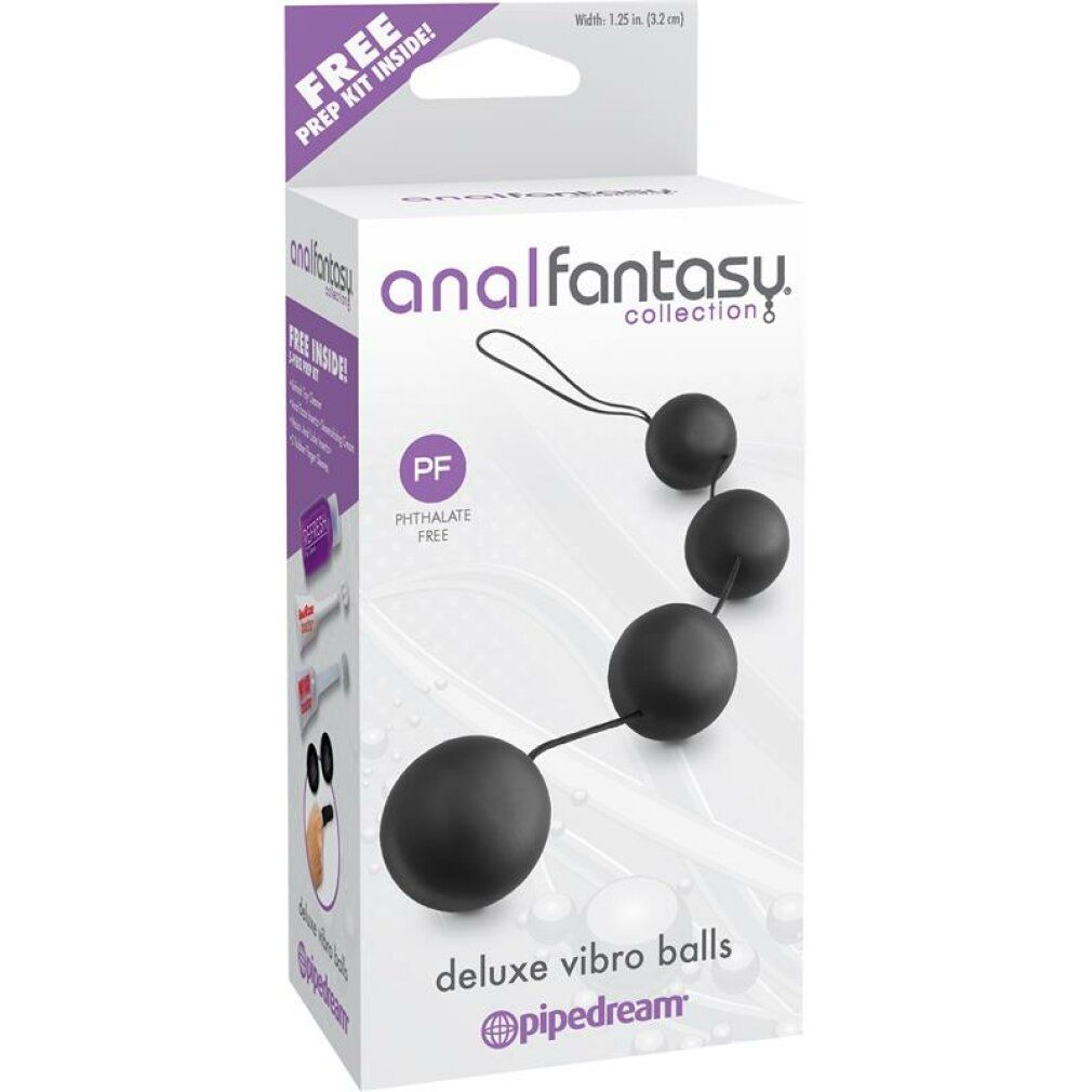 Verpackung mit Produkt. Aufschrift: analfantasy collection, deluxe vibro balls, pipedream. Enthält ein Prep Kit.