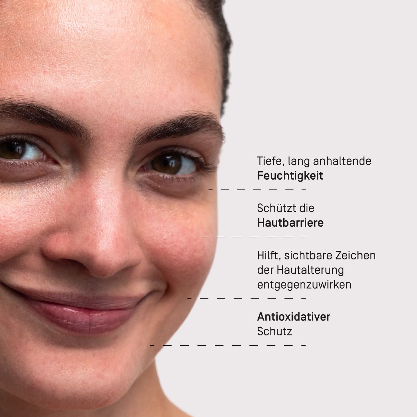 Nahaufnahme eines Gesichts mit Text: "Tiefe, lang anhaltende Feuchtigkeit".