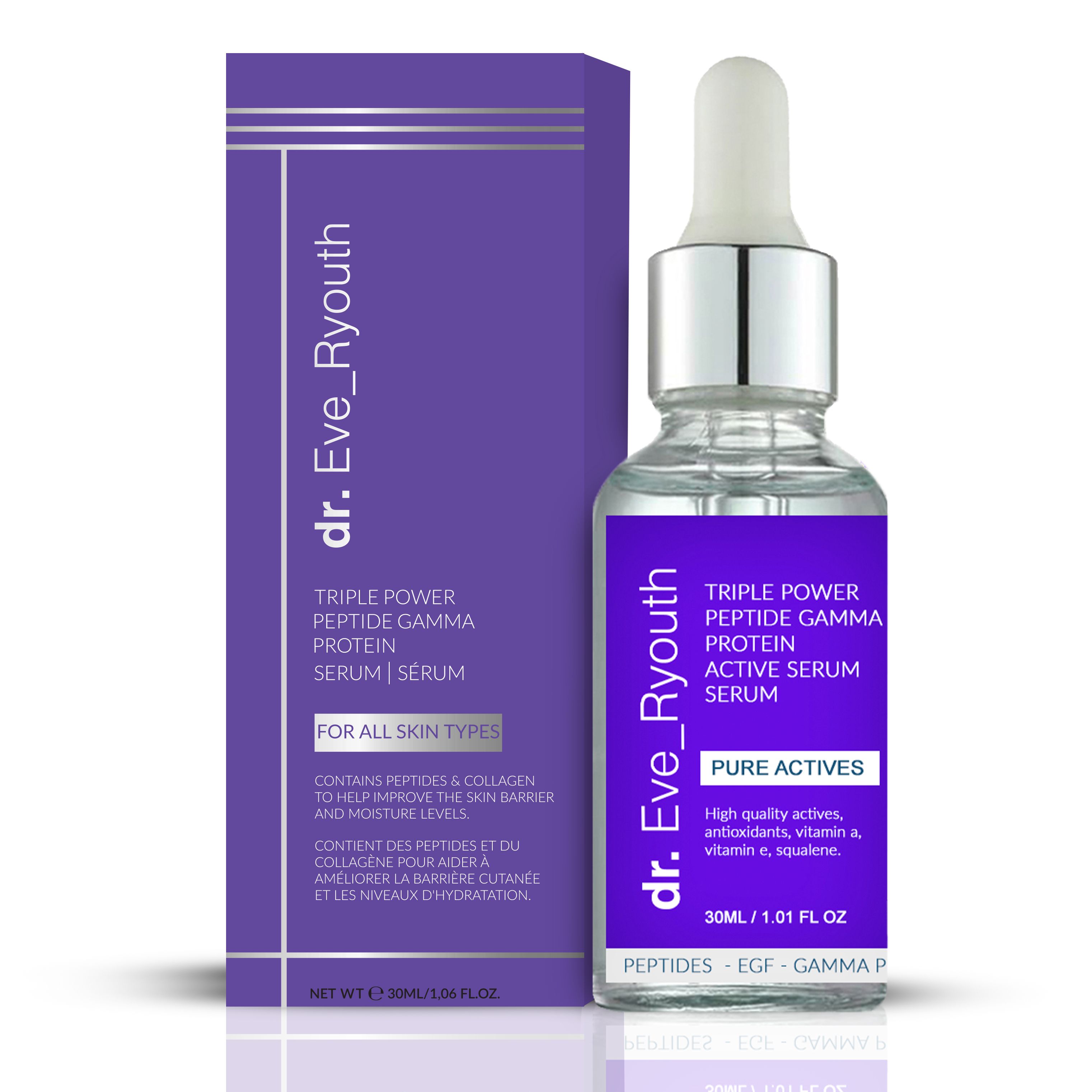 Dr. Eve Ryouth Serum Flasche und Verpackung, lila Etikett mit Peptide Gamma Protein.