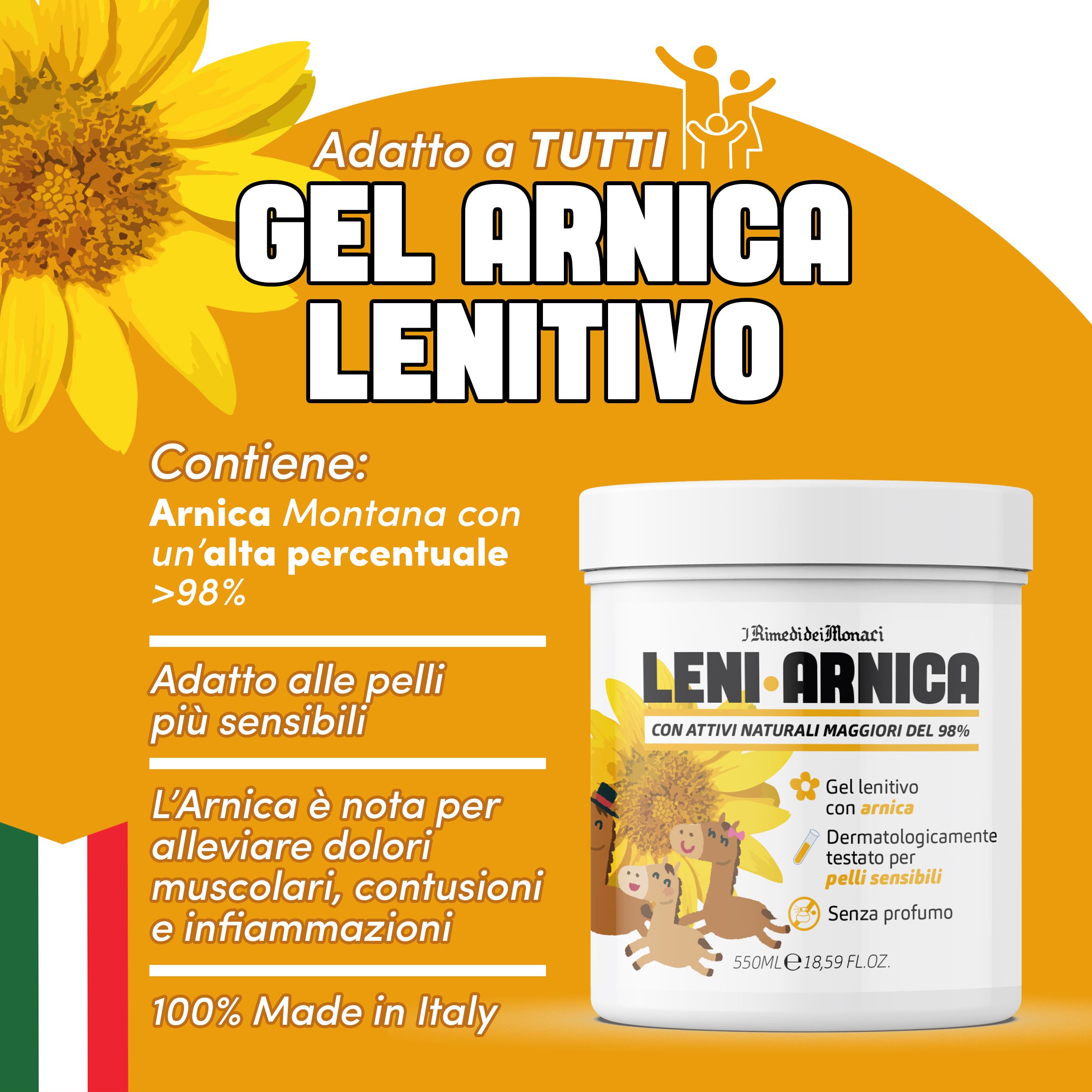 Weißer Tiegel mit Aufschrift. Gel Arnica Lenitivo, dermatologisch getestet, ohne Parfüm. Mit Sonnenblumen und Logo.