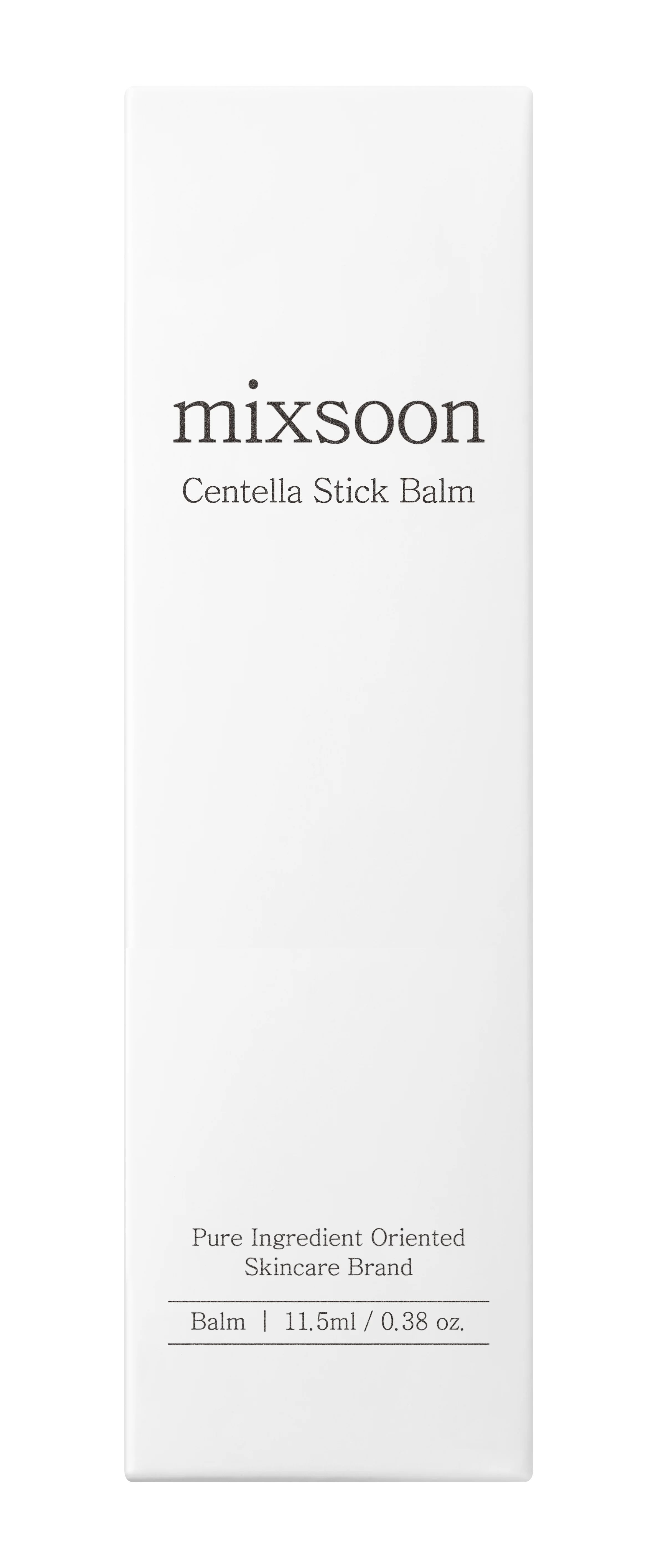 Weiße Produktverpackung mit Aufschrift: mixsoon Centella Stick Balm. Text: Pure Ingredient Oriented Skincare Brand.