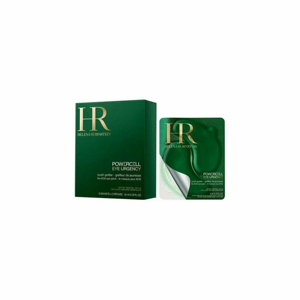 Grüne Schachtel und Packung mit Augenpflastern. Aufschrift: Helena Rubinstein, Powercell Eye Urgency, 6 Patches.