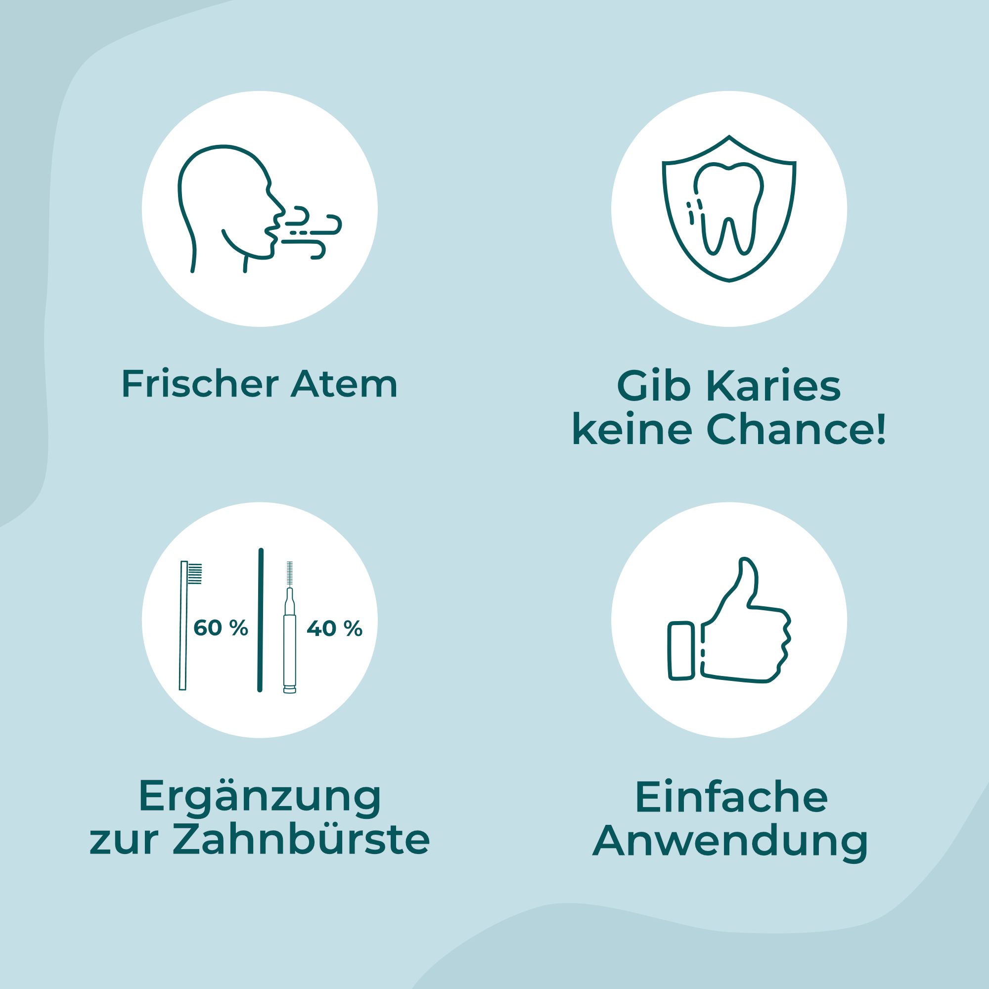 Icons: Frischer Atem, Karies vorbeugen, Ergänzung zur Zahnbürste, einfache Anwendung.