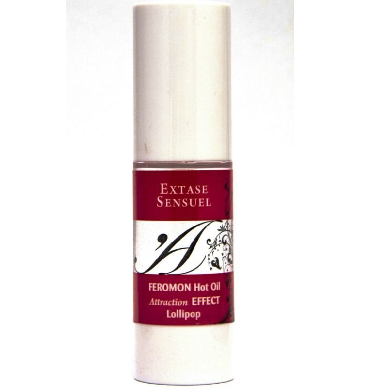 Weißer Flakon mit rotem Etikett: Extase Sensuel, Feronon Hot Oil, Attraction Effect, Lollipop.