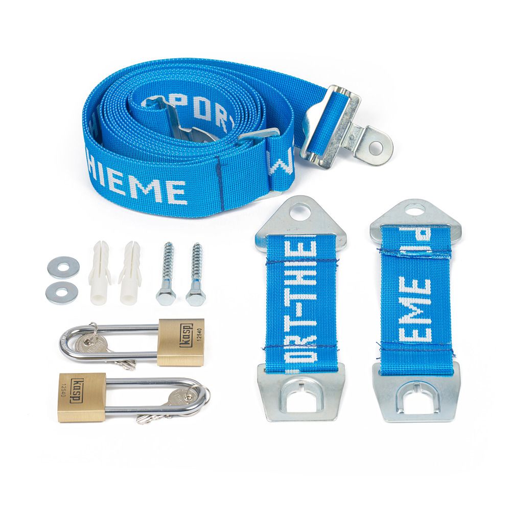 Blauer Gurt mit Metallverschlüssen und Zubehör. Text: SPORT-THIEME. Zwei Schlösser mit Schlüssel.