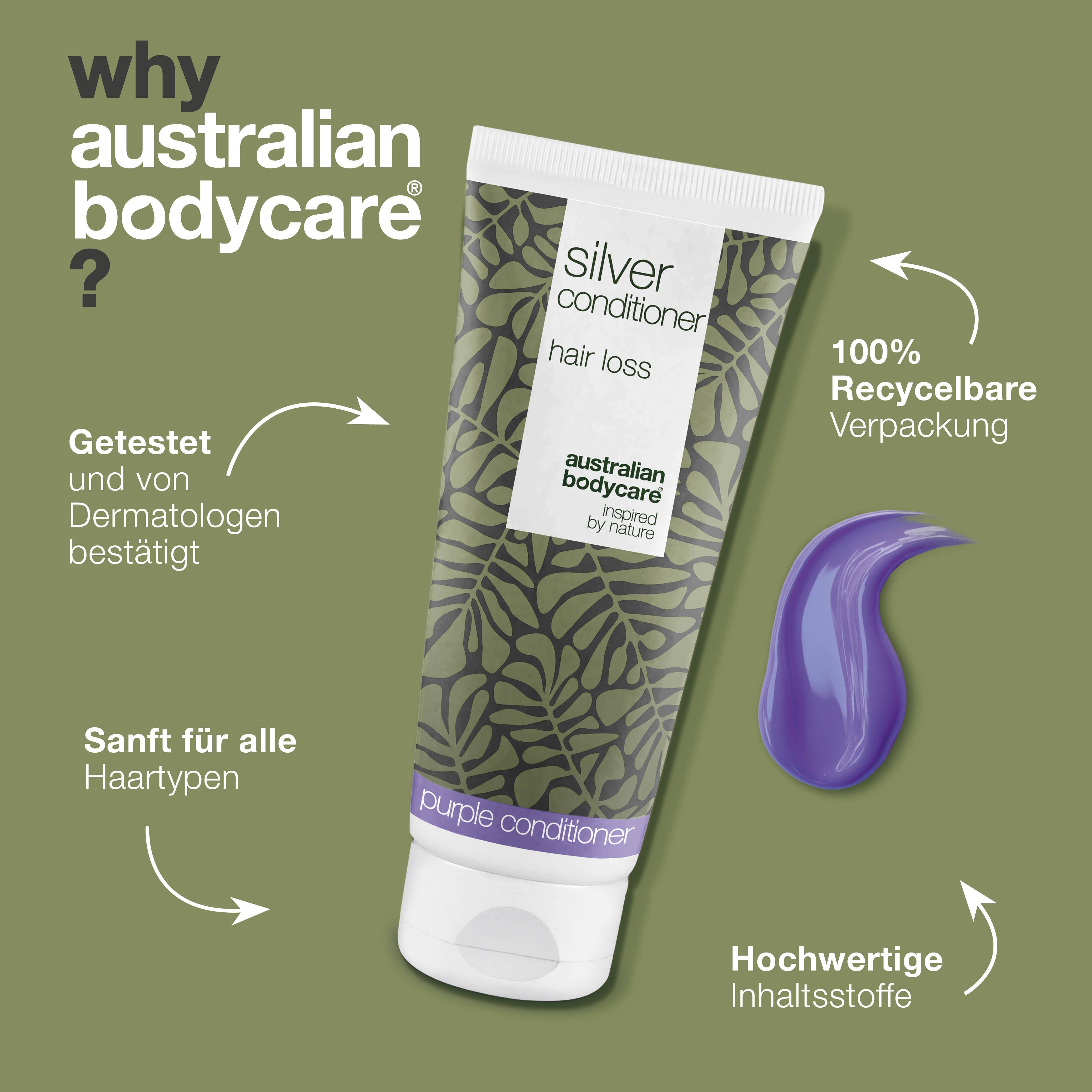 Werbung mit Tube Conditioner und lila Klecks. Text: Warum Australian Bodycare? 100% recycelbare Verpackung. Australian Bodycare.