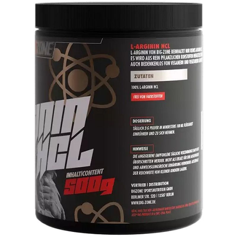 Schwarze Dose mit "Big Zone Arginine HCl"-Aufdruck. Enthält 500g Pulver. Text: "L-Arginin HCl", "Zutaten", "100% L-Arginin HCl", "Frei von Farbstoffen".