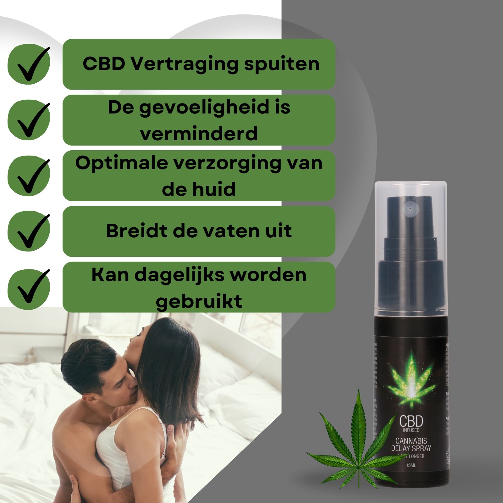 Sprayfles en doos. Opschrift: CBD Infused Cannabis Delay Spray. Bevat 15 ml. Vrouw met rode schoenen.
