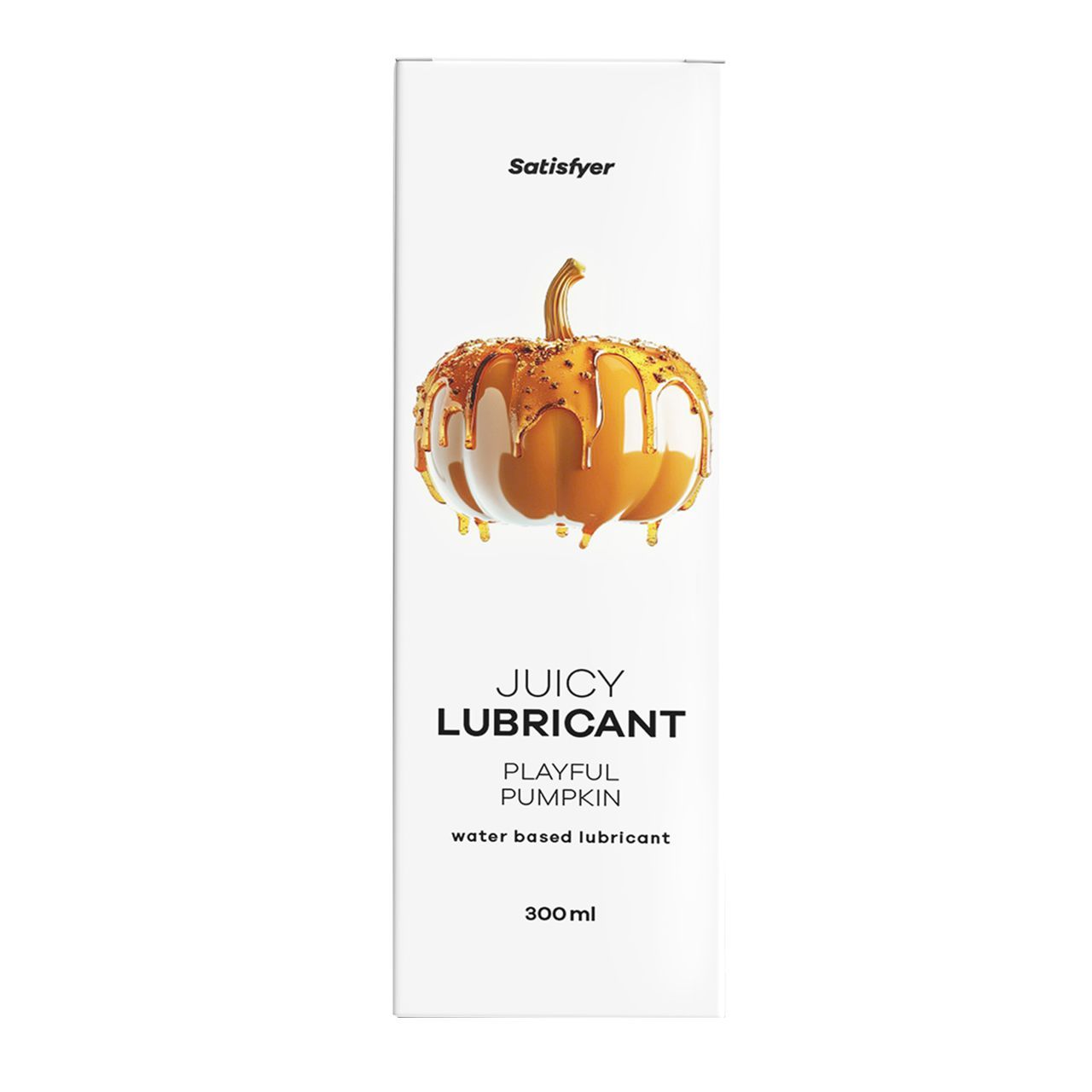 Weiße Verpackung mit Logo und Produktbezeichnung. Abbildung eines Kürbisses mit flüssigem Überzug. Text: Juicy Lubricant, Playful Pumpkin, 300ml.