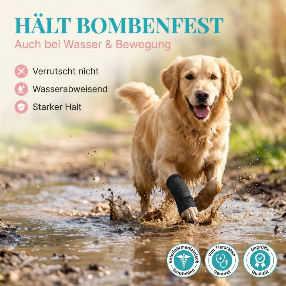 Hund mit Verband am Bein läuft durch Wasser. Text: Hält bombenfest, auch bei Wasser & Bewegung. Tierärzte empfohlen.