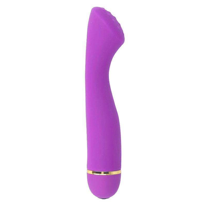Lila Vibrator mit geschwungener Form und goldfarbenem Ring am unteren Ende. Oberteil mit erhabener Oberfläche.