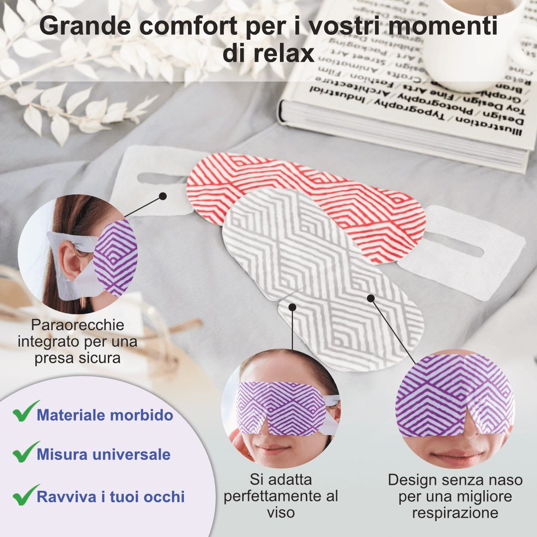 Tre maschere per occhi. Testo: Materiale morbido, vestibilità universale, ravviva gli occhi. Paraorecchie, design senza naso.