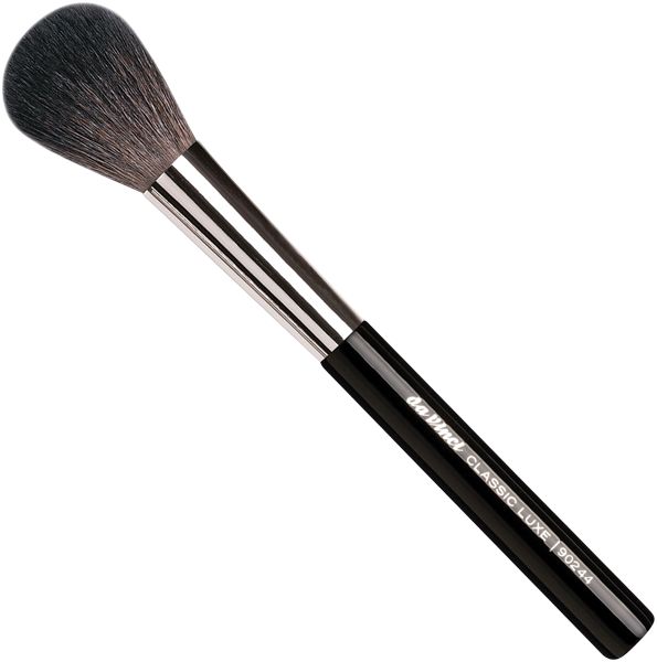 Puderpinsel mit schwarzem Griff und silberfarbener Zwinge. Auf dem Griff steht Da Vinci Classic Luxe.