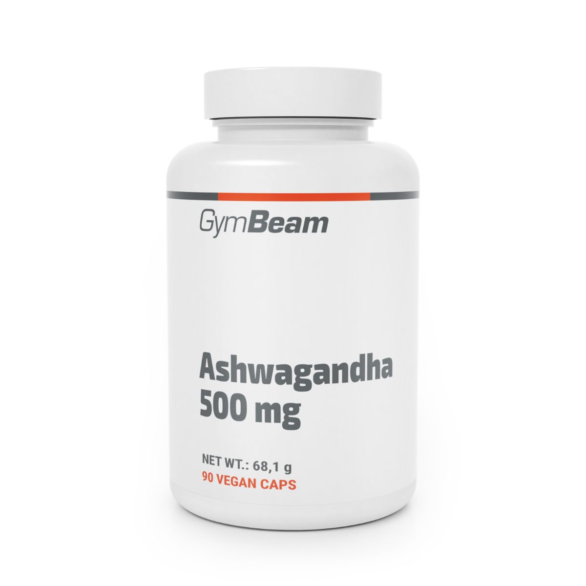 GymBeam Ashwagandha: Flasche mit weißem Deckel, Etikett mit rotem Streifen.