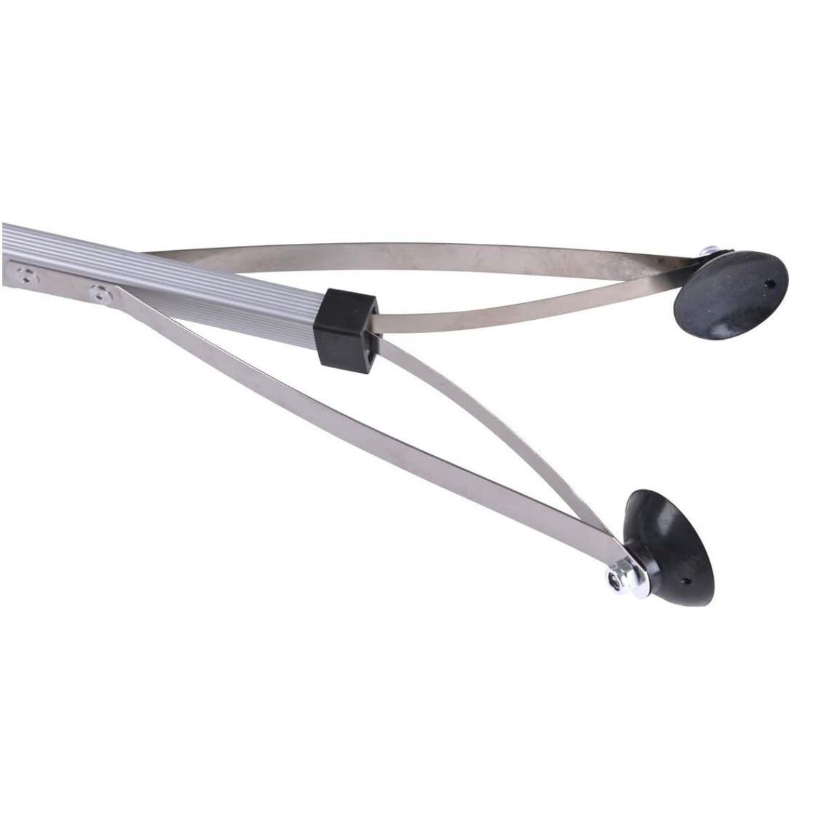 Nahaufnahme der Greifhilfe mit Saugnäpfen. Metallarme, schwarze Saugnäpfe. Schwarzer Gummi.