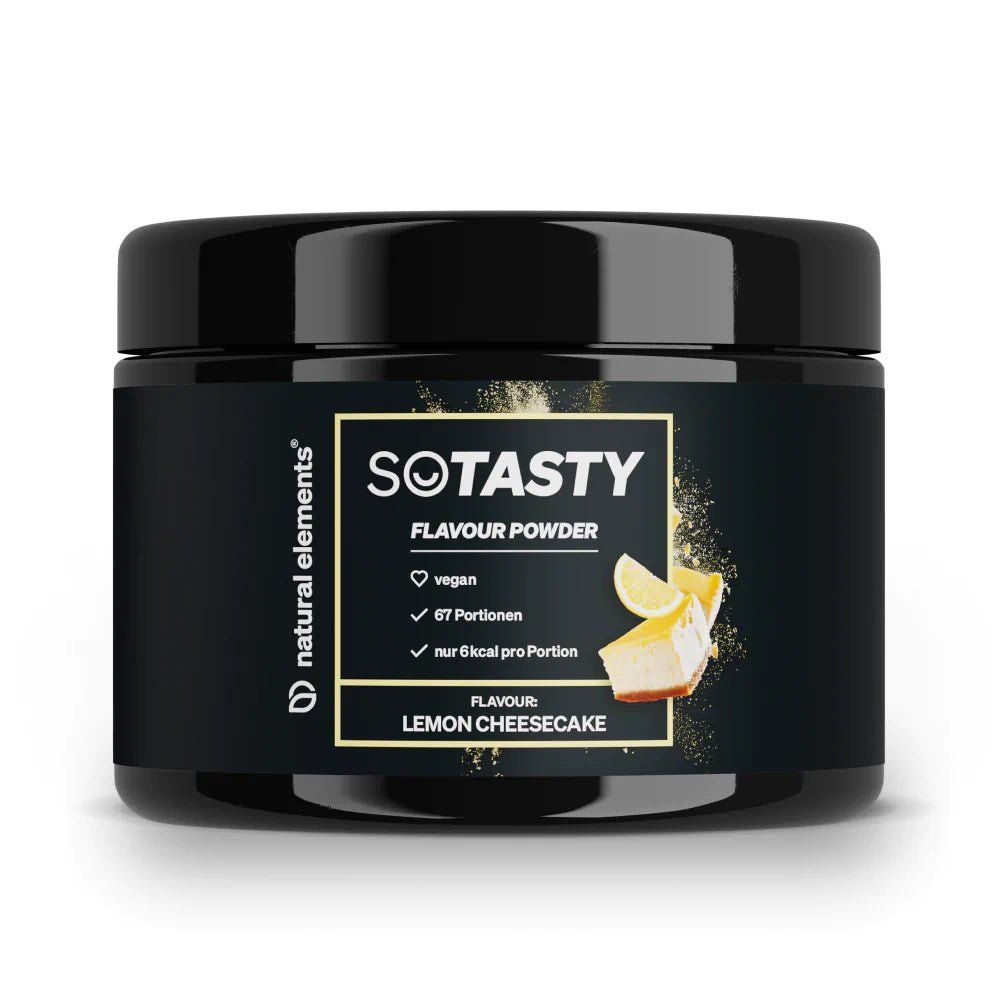 Schwarzes Glas mit SoTasty Geschmackspulver. Aufschrift: Flavour Powder, vegan, 67 Portionen, nur 6kcal pro Portion, Lemon Cheesecake.