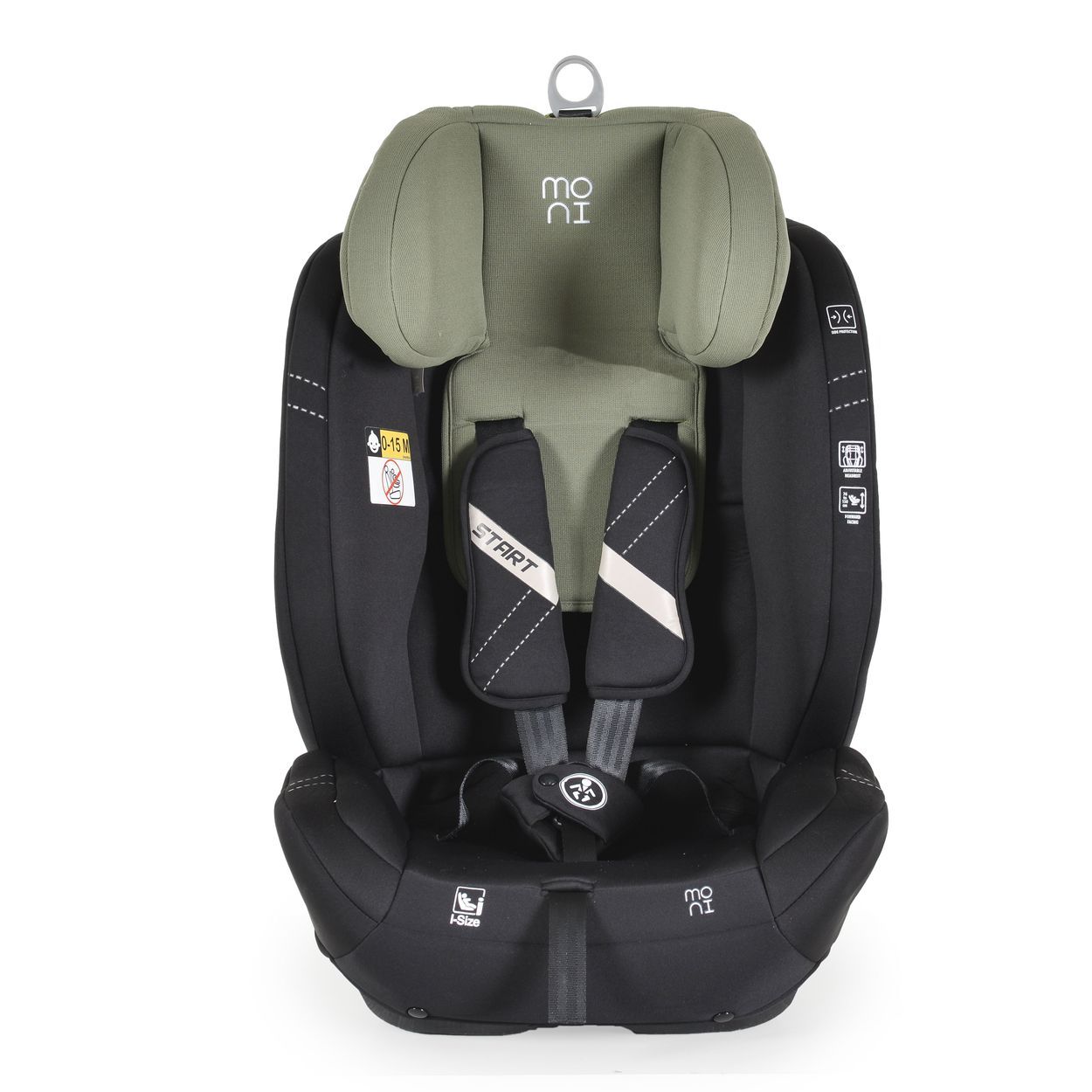 Grüner Kindersitz mit schwarzem Bezug, verstellbarer Kopfstütze und 5-Punkt-Gurt. "START"-Aufdruck.