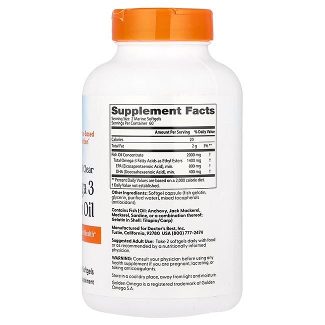 Rückseite einer Flasche Doctor's Best Omega 3 Fischöl mit Nährwertangaben und Inhaltsstoffen. Weiß mit orangefarbenem Deckel.