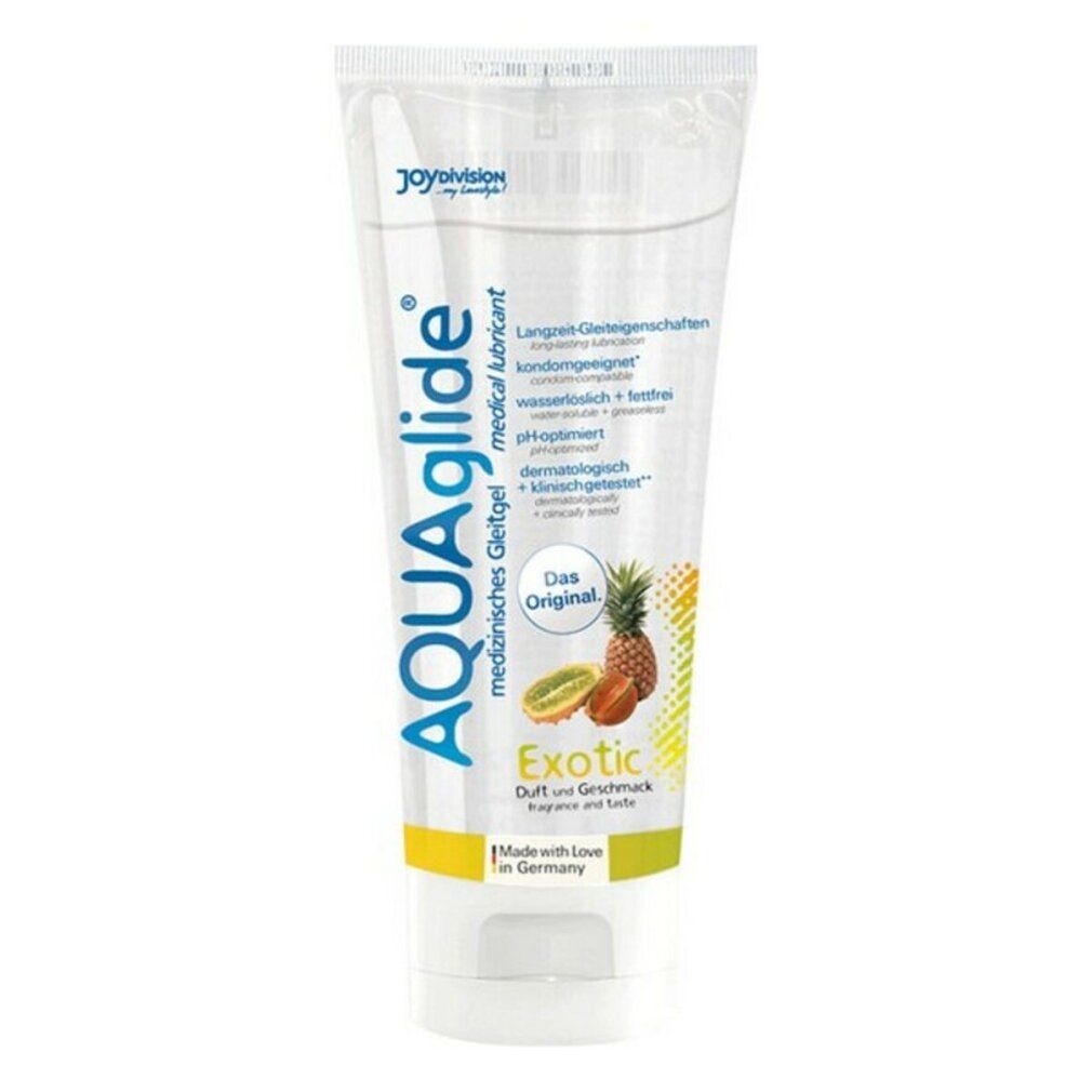 Transparentes Gel in einer Tube. Aufschrift: AQUAglide medical lubricant, Exotic. Abbildung von Kiwi und Ananas. Mit dem Original-Logo.