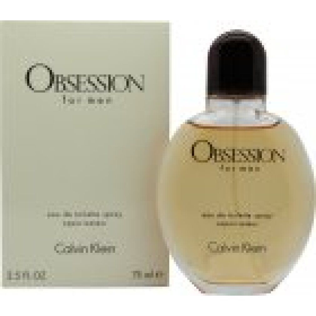 Obsession for men Eau de Toilette Flakon und Verpackung. Flakon rund, hellbraunes Glas. Beige Karton mit Produktnamen und Logo.