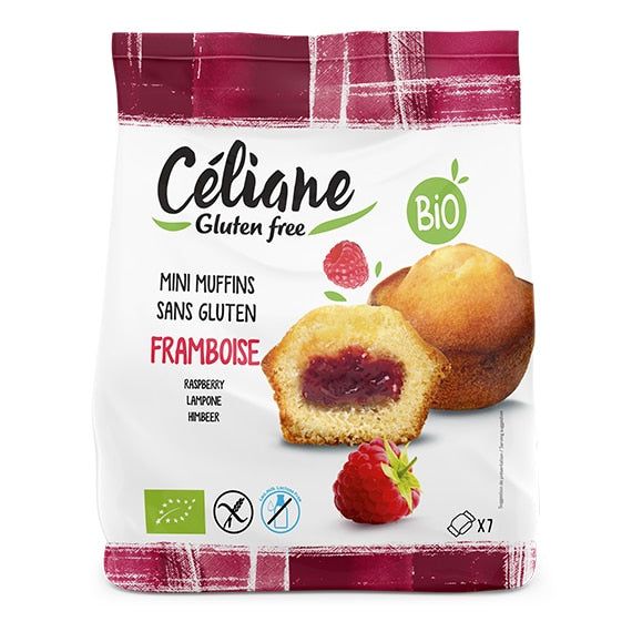 Verpackung mit glutenfreien Mini-Himbeer-Muffins. Marke Céliane. Bio-Siegel. Aufgeschnittener Muffin mit Himbeerfüllung.
