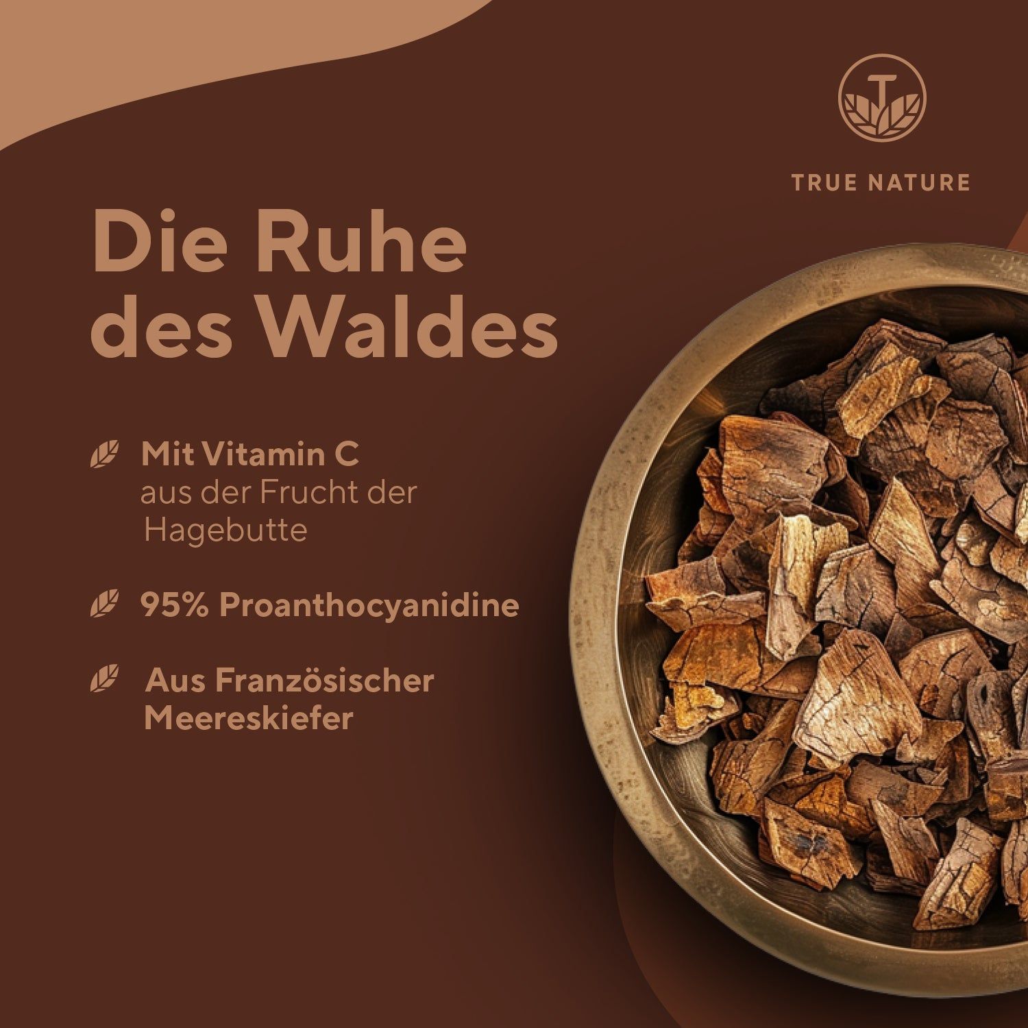 Schüssel mit braunen Pinienrindenstücken. Text: Mit Vitamin C, 95% Proanthocyanidine, Aus Französischer Meereskiefer.