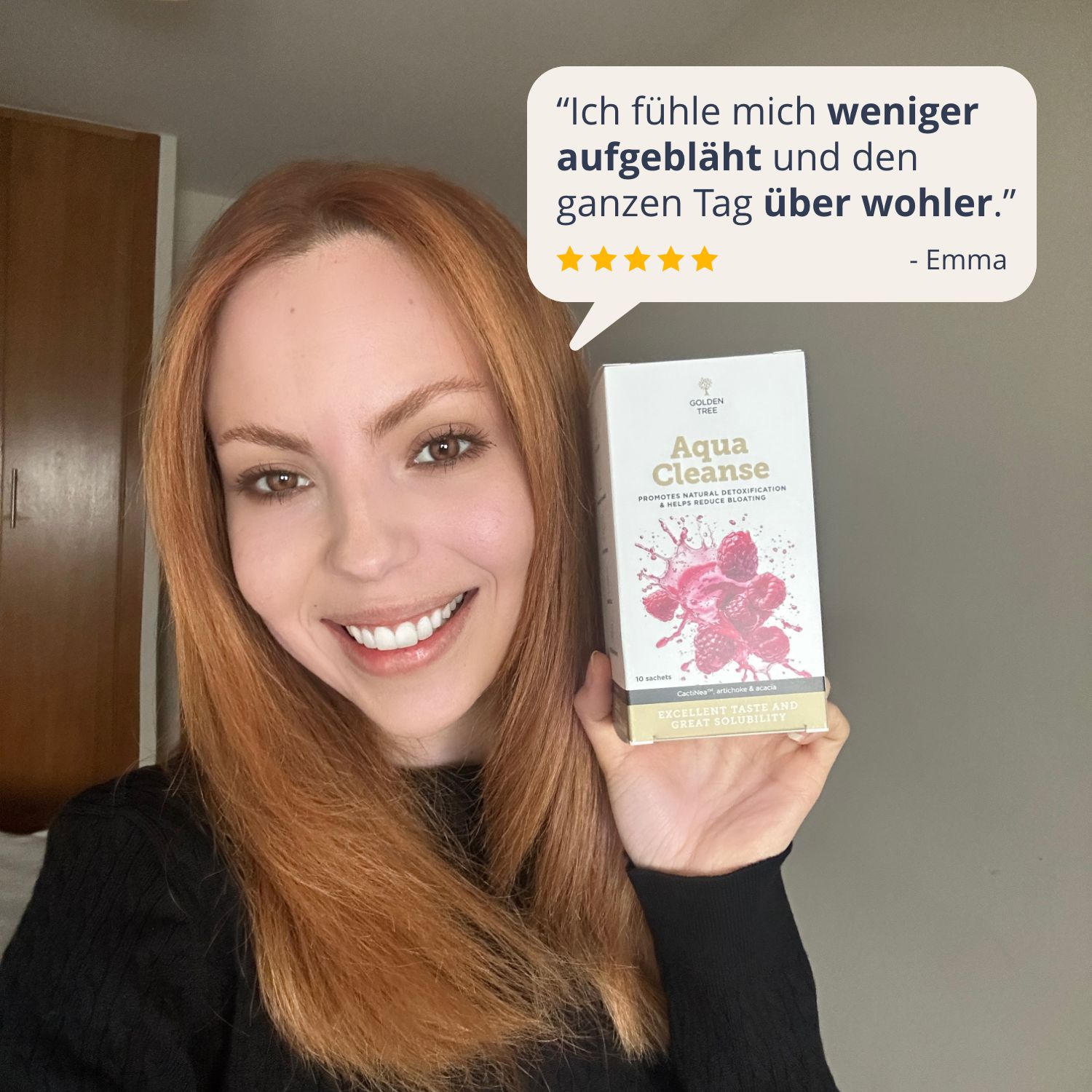 Golden Tree Aqua Cleanse: Emma fühlt sich weniger aufgebläht und wohler. 5 Sterne Bewertung.