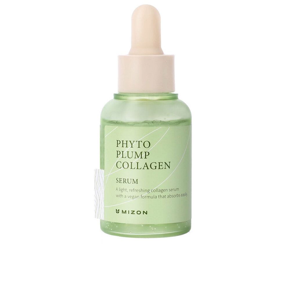 Grüne Serumflasche mit 'Phyto Plump Collagen' und Pipette. Aufschrift und helle Farbe.