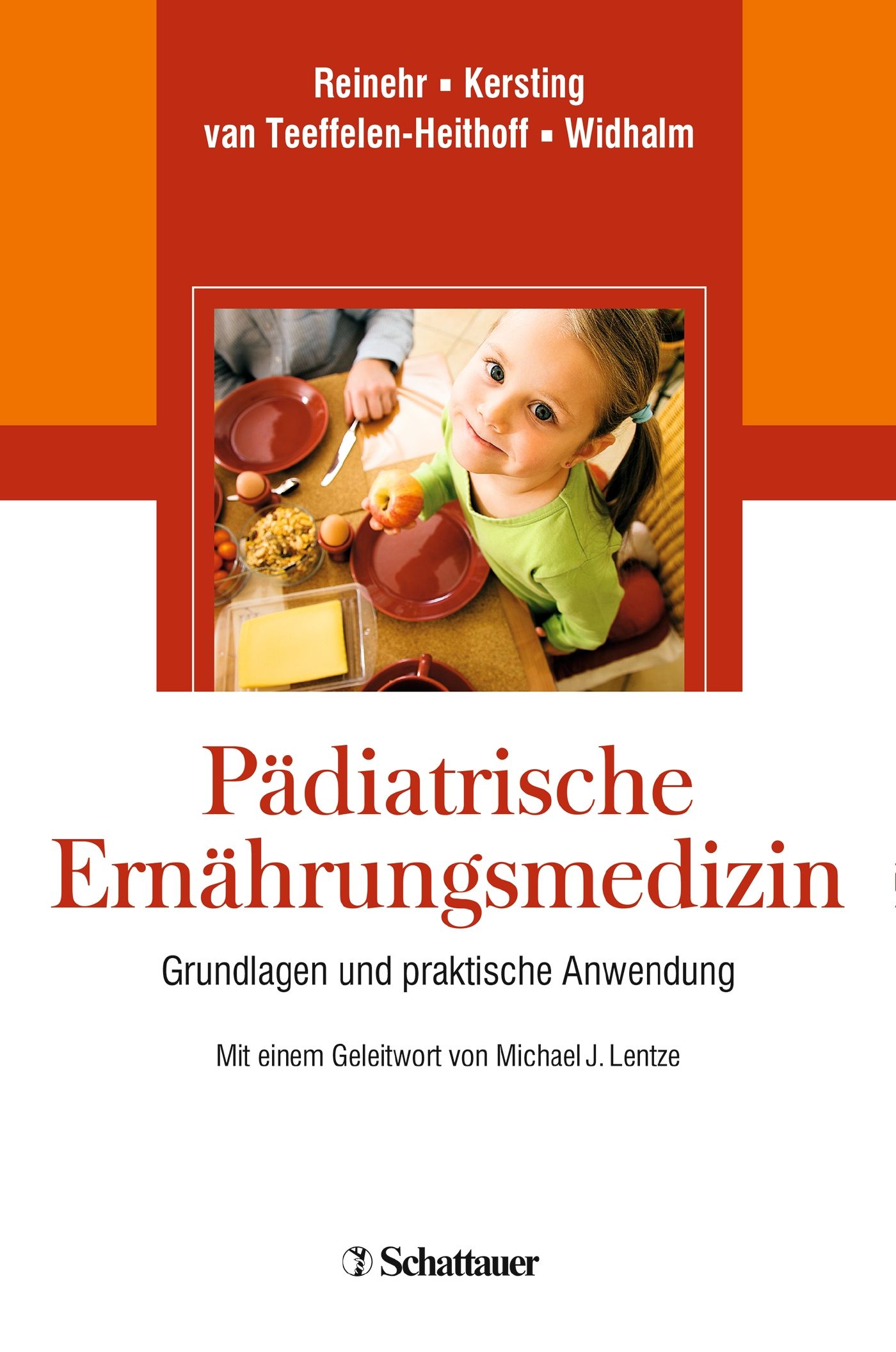 Buchcover: Pädiatrische Ernährungsmedizin. Titel, Autoren, Kind am Tisch. Schattauer-Verlag Logo.