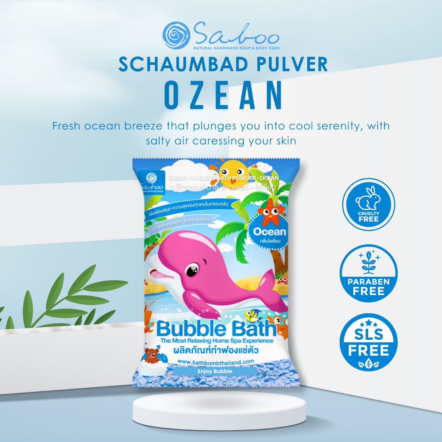Produktverpackung mit rosa Wal. Text: SABOO Schaumbad Pulver Ozean. Logos: Cruelty Free, Paraben Free, SLS Free.