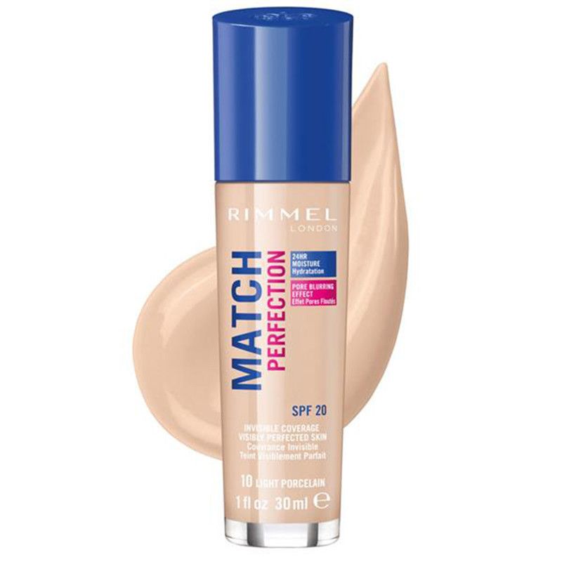 Rimmel Match Perfection Foundation in 10 Light Porcelain, 30ml Flasche mit blauem Spender.