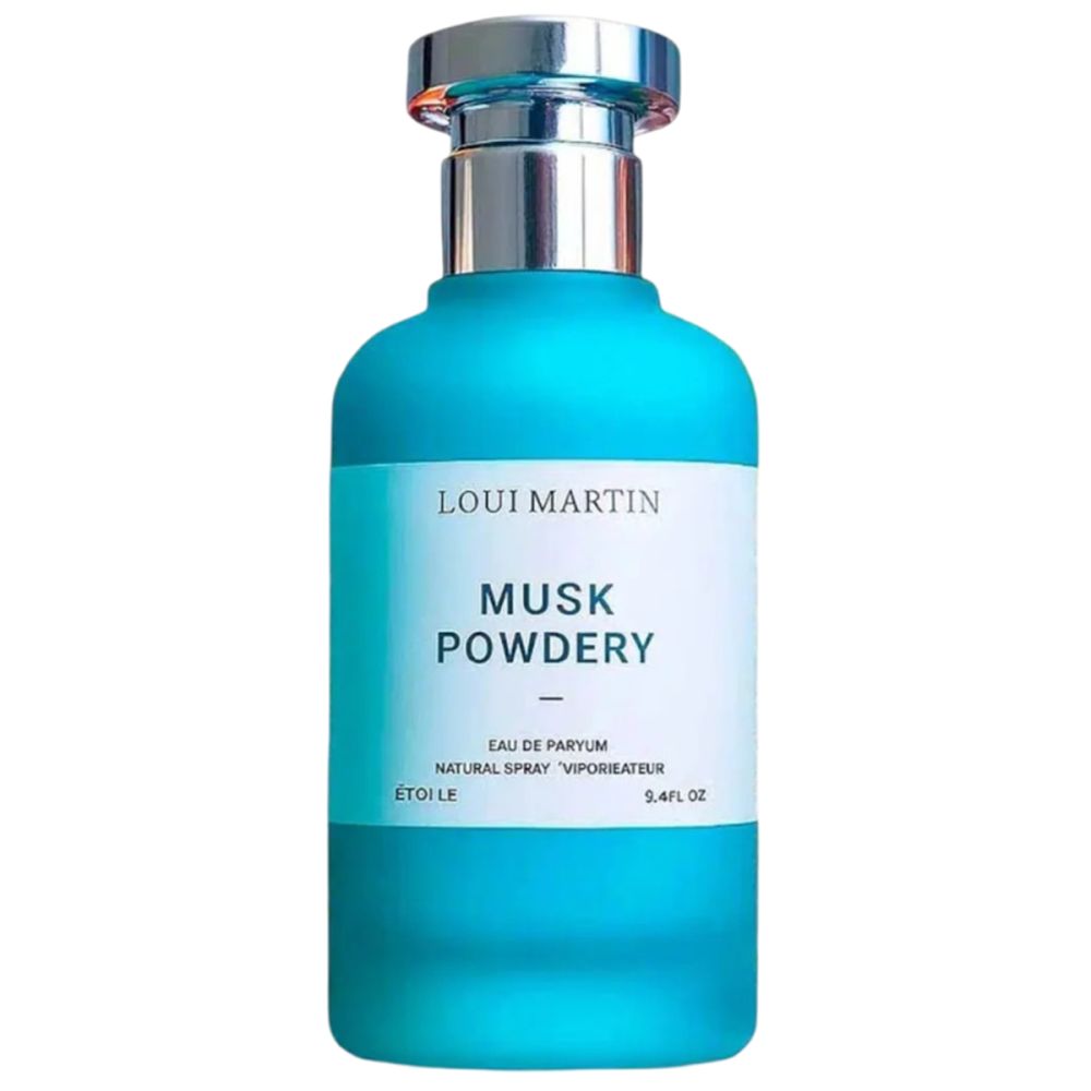 Türkisgrüner Flakon mit silbernem Verschluss. Auf weißem Etikett: "Loui Martin Musk Powdery Eau de Parfum".
