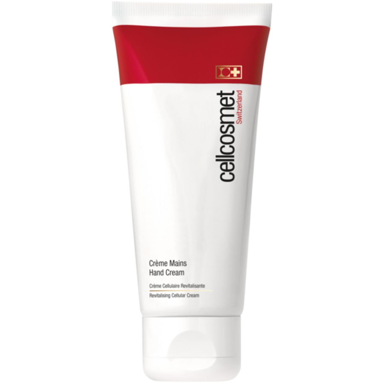 Weiße Tube mit rotem Streifen und Schriftzug Cellcosmet. Text: Crème Mains Hand Cream. Schweizer Kreuz.