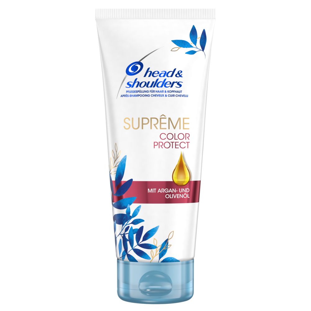 Weiß-blaue Tube mit Produktnamen und Logo. "Supreme Color Protect" und "Mit Argan- und Olivenöl" sind sichtbar.