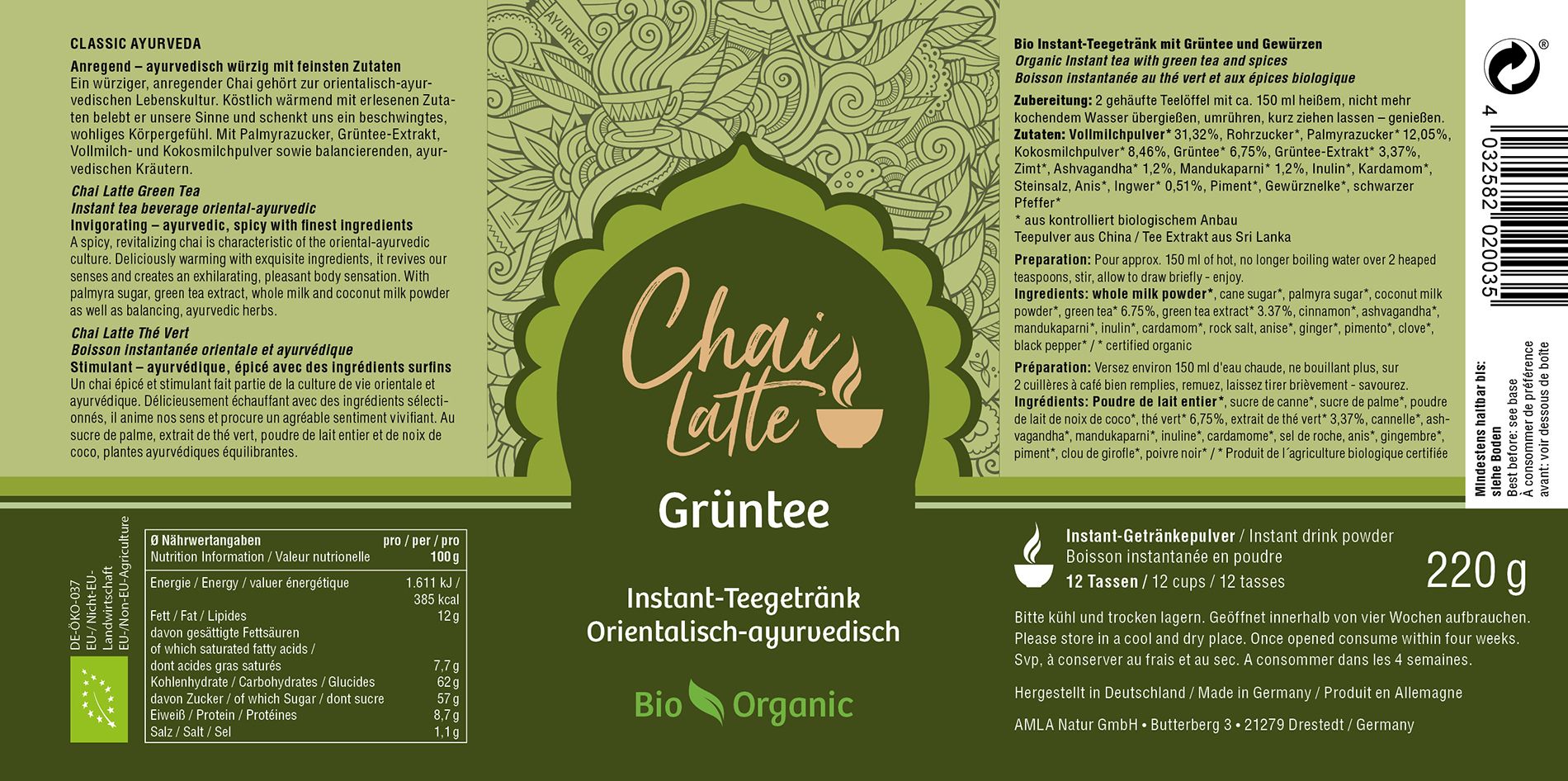Etikett mit Text und Nährwertangaben. Aufschrift: Chai Latte Grüntee. Bio-Zertifizierung. 220g. Orientalisch-ayurvedisch.