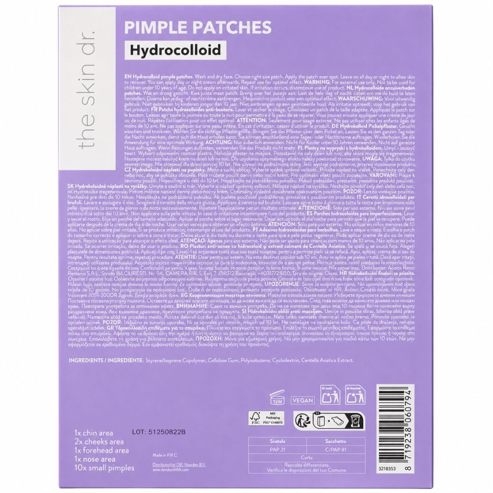 Rückseite der Produktverpackung. Text: Pimple Patches Hydrocolloid. Inhaltsstoffe, Anwendungshinweise und Informationen zur Chargennummer.