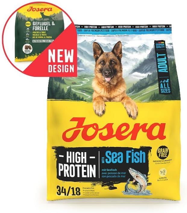 Josera High Protein Seefisch Hundefutter-Sack, mit neuer Design-Einblendung und Schäferhund-Motiv.
