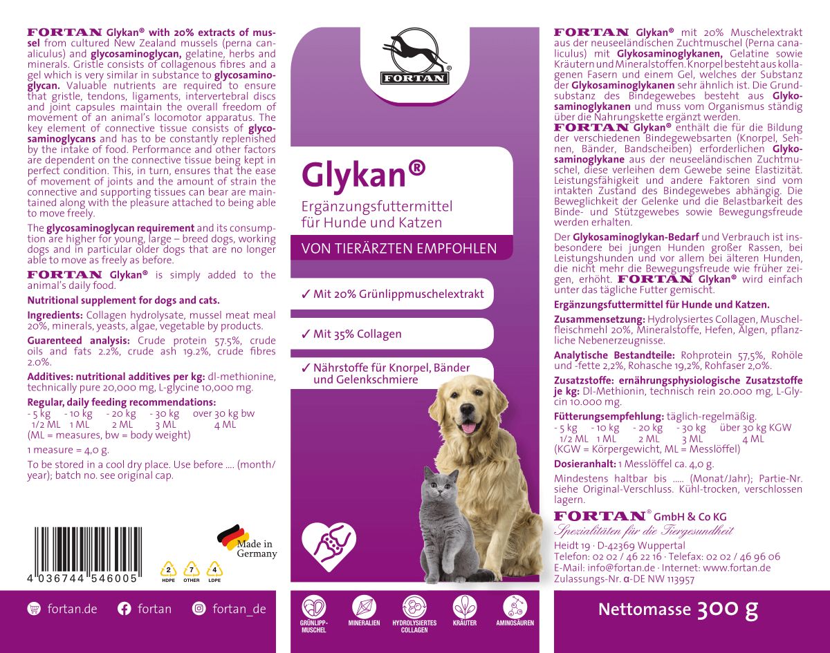 Etikett mit Text: "Glykan", "Ergänzungsfuttermittel für Hunde und Katzen". Abbildung von Hund und Katze. Text und Inhaltsstoffe.